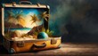 fantasy briefcase with holiday motif sand palm trees beach with sunset 