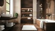 A bathroom with a wooden floor and a bathtub, dark wooden bathroom decor.