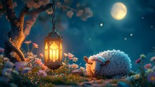 Ramadan Kareem Greeting Card. Cute Sheep In The Meadow With Flowers And Lantern.