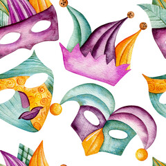 Seamless watercolor pattern. Hand-drawn colorful masquerade masks. Carnival, Mardi Gras. Design for wrapping paper, backgrounds, wallpaper.