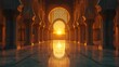 3D illustration of a corridor in the mosque with a beautiful sunset