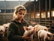 a german farmer kid holding a piglet next Suckling Sow in Farrowing Pen at Modern Pig Farm

