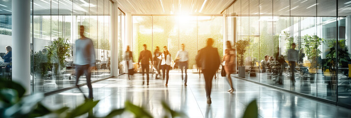 Wall Mural - Businesspeople walking at modern office. Concept work process. Business workplace with people in walking in blurred motion in modern office space.