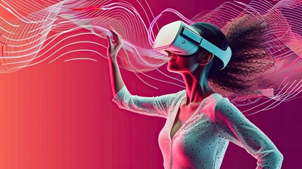 Wall Mural - A young girl immersed in virtual reality, sporting cyber neon accents and VR glasses