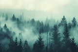 Fototapeta Las - Foggy landscape with fir forest in retro vintage hipster style, nature concept