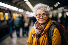 Portrait Of Happy Senior Woman At Railway Station. Aged Female Passenger Travelling
