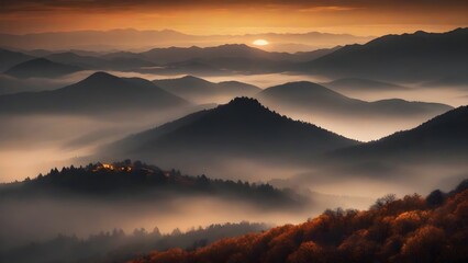 Poster - Mountain landscape with fog at sunrise