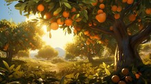 An Intricately Depicted Orange Grove At Golden Hour, Sunlight Filtering Through The Leaves Onto The Abundant Clusters Of Bright Oranges.- Generative AI
