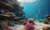 Fototapeta Do akwarium - Seabed with corals and fish swimming