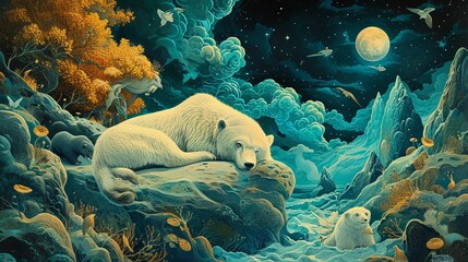 Enchanting Nighttime Landscape with Polar Bears, Full Moon, Starry Sky, and Mystical Forest
