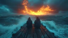 Two Silhouette Figures Gaze At Fiery Sky Above Stormy Sea From Pier. A Moment Of Awe. AI