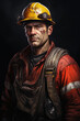 Portrait of miner man in security helmet in dirty work suit against dark background