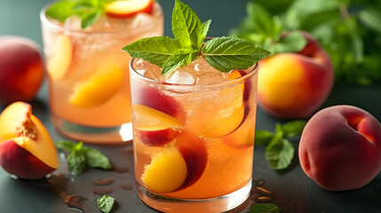 Wall Mural - a close up of a drink in a glass on a table with peaches and mint on the side of the glass and a few pieces of fruit on the table.