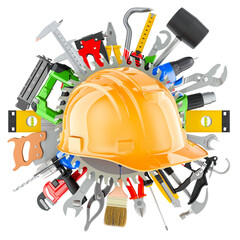 Poster - Construction Tools with orange hard hat. Assortment of work tools, 3D rendering isolated on transparent background
