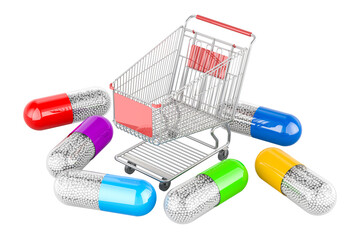 Poster - Shopping cart with medicament capsules, 3D rendering isolated on transparent background