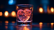 A Heart - Shaped Ice Cube In A Glass Of Water On A Table In A Dark Room With Lights In The Background.