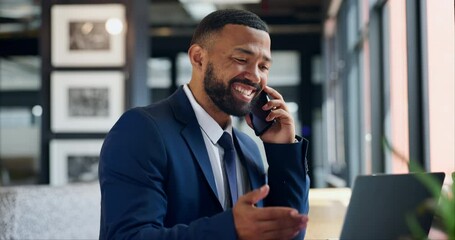 Poster - Business man, phone call and cafe for remote work, virtual communication and feedback or happy news by window. Professional freelancer talk on mobile voip at coffee shop or restaurant for opportunity