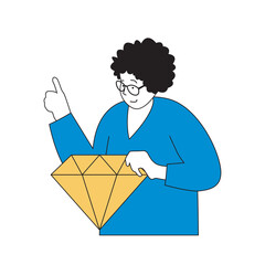 Aufkleber - Virtual reality concept with cartoon people in flat design for web. Woman interacting with diamond shape modelling or video game prize. Vector illustration for social media banner, marketing material.