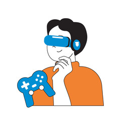 Aufkleber - Virtual reality concept with cartoon people in flat design for web. Man in VR headset and joystick playing games with augmented space. Vector illustration for social media banner, marketing material.