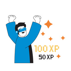 Poster - Virtual reality concept with cartoon people in flat design for web. Man in VR headset playing video game and wins experience score. Vector illustration for social media banner, marketing material.