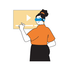 Poster - Virtual reality concept with cartoon people in flat design for web. Woman in VR headset watching video content for online learning. Vector illustration for social media banner, marketing material.