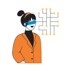 Poster - Virtual reality concept with cartoon people in flat design for web. Woman in VR headset engineering microchip with connection links. Vector illustration for social media banner, marketing material.
