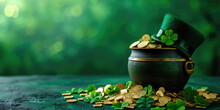 Pot Of Gold Coins With Clover Leaves On Green Background. St. Patrick's Day.
