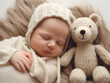 A cute newborn baby is sleeping sweetly with knitted toy bears.
