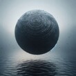 Moody black sphere floating over water in the mist.