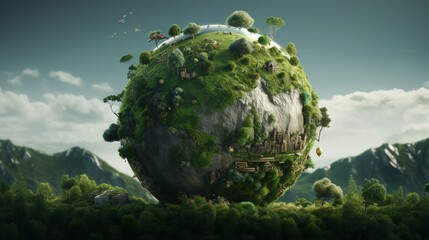 Wall Mural - World globe is placed on the tree like it is a fruit, ultra realistic - Generative AI