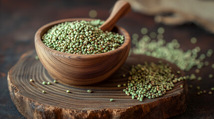 the natural product is green buckwheat in a wooden plate and scattered on a sawn tree