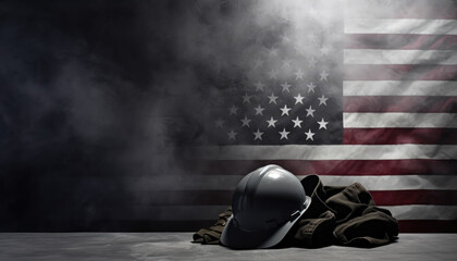 Wall Mural - Safety helmet and america flag background in fog