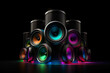 3d illustration of audio speakers with colorful lights on black background.
