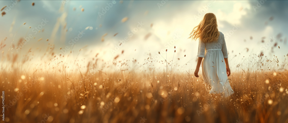 Young Woman Embracing Freedom in a Dreamy Golden Field at Sunset: A ...
