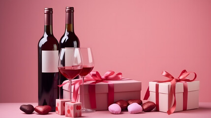 Wall Mural - four valentines gifts with gifts, wine and candy on pink background