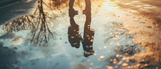 Wall Mural - Reflective Romance. A Couple's Tender Reflection Captured in a Puddle on Valentine's Day, Symbolizing the Depth of their Love Amidst the Elements.