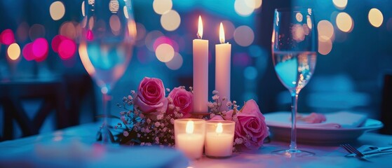 Wall Mural - Romantic Ambiance. A Table Set with Candles and Flowers for a Intimate Valentine's Day Dinner for Two, Enhanced by a Pastel Bokeh Background.