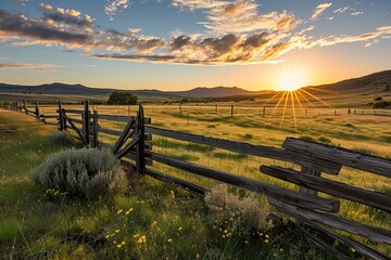 Wall Mural - Picturesque landscape, fenced ranch at sunrise