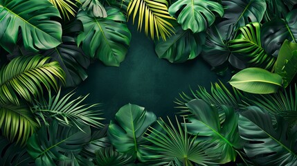 Tropical forest background, jungle background with border made of tropical leaves with empty space in center, copy space.