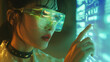 Young Asian woman scientist intently studying scientific research while wearing the latest in smart glasses technology.