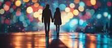 A Couple Holding Hands In A Cityscape At Night Pastel Bokeh Background. Valentine's Day Concept