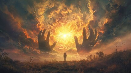 Wall Mural - A twilight sky with massive hands attempting to clutch a radiant sun