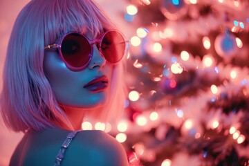 Poster - A woman wearing pink sunglasses with a vibrant Christmas tree in the background. Perfect for holiday-themed designs and festive promotions