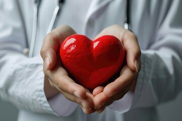 Poster - Close up shot of a person holding a red heart. Suitable for expressing love, affection, and relationships