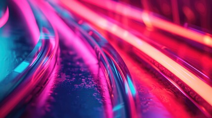 Poster - A close up view of a train track with vibrant neon lights. Perfect for adding a modern and dynamic touch to any project