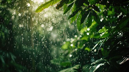 Poster - A close up photograph of a leafy tree during a rain shower. Perfect for nature and weather-related projects