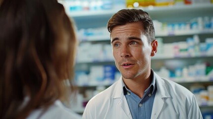 Poster - A man in a lab coat engages in conversation with a woman. Perfect for illustrating scientific discussions and collaboration