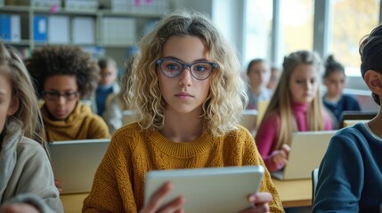 Poster - Group of children sitting in a classroom with laptops. Suitable for educational and technology-related themes