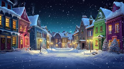 Poster - A picturesque snowy night scene of a town street. Perfect for winter-themed projects and holiday designs