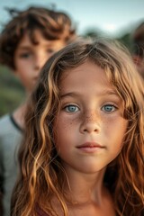 Aufkleber - A young girl with freckles looking directly at the camera. Suitable for various uses